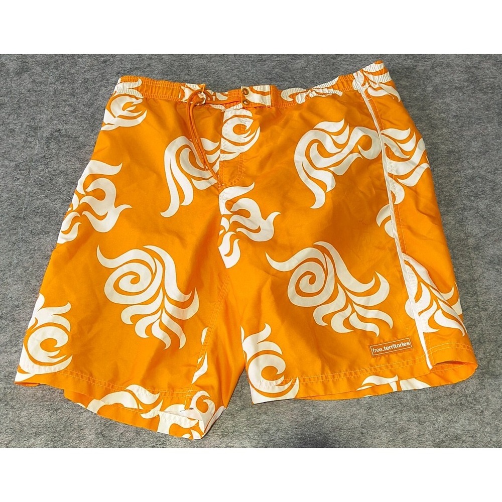 Free Territories Orange Abstract Floral Drawstring‎ Swim Trunks Men's Size M